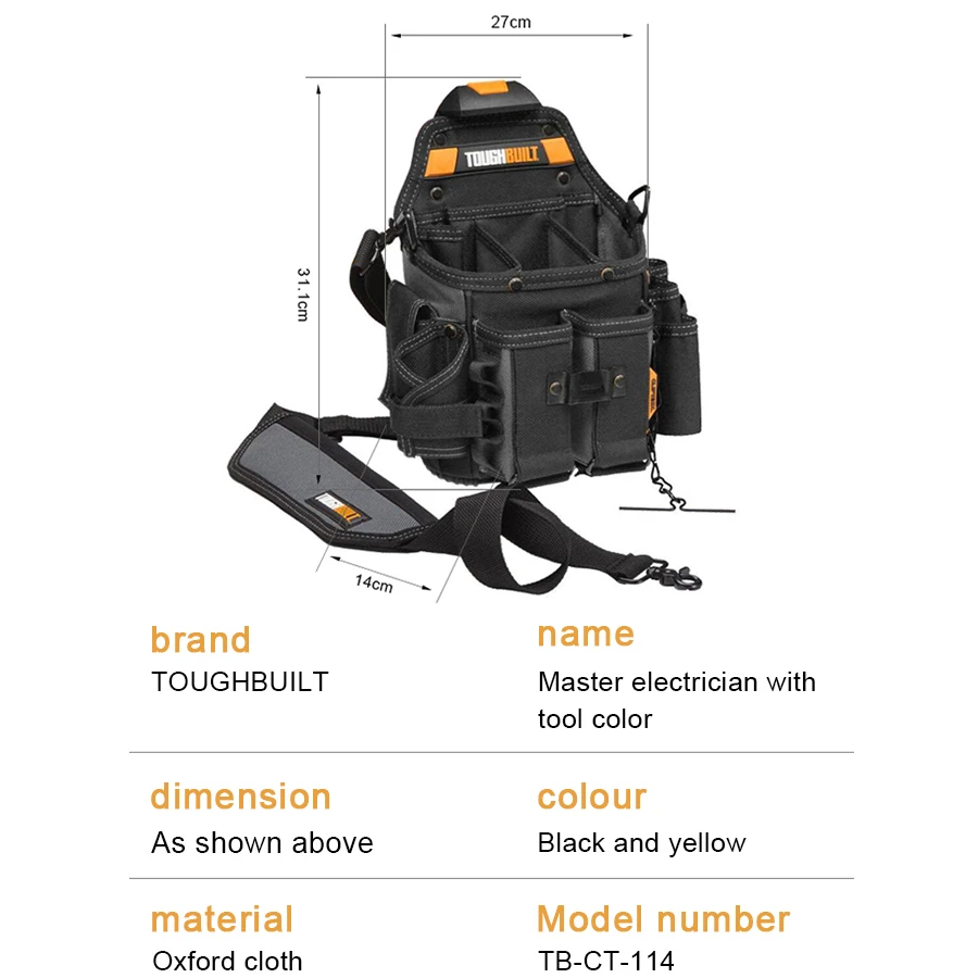 TOUGHBUILT TB-CT-114 Electrician Pouch + Shoulder Strap with 21 Pockets and Loops Convenient and Practical Rugged Tool Pouch