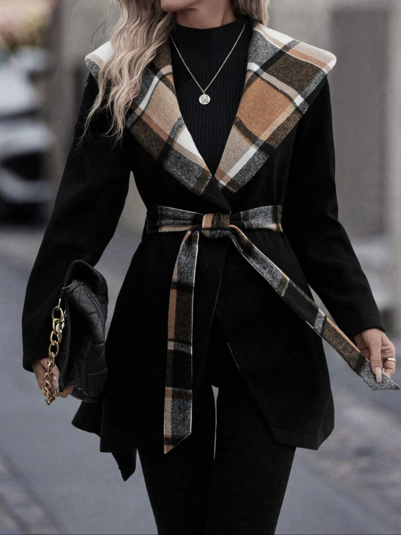 

New Women's Plaid Waist-Tied Woolen Coat, Suitable for Autumn and Winter