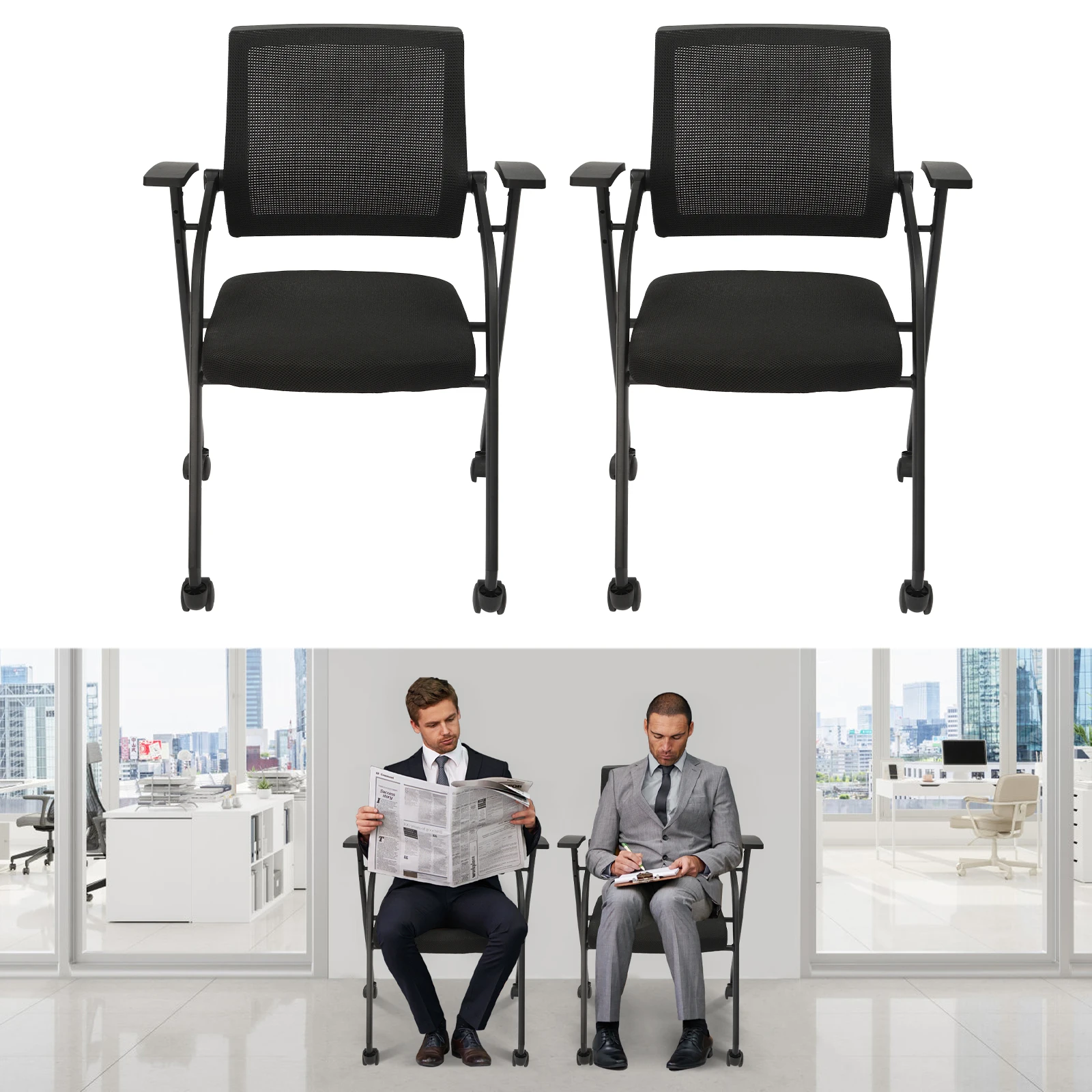 

2 Pack Conference Room Chairs, Stackable & Ergonomic Foldable Chair with Armrest - Mesh Bouncing Back for Office Meetings