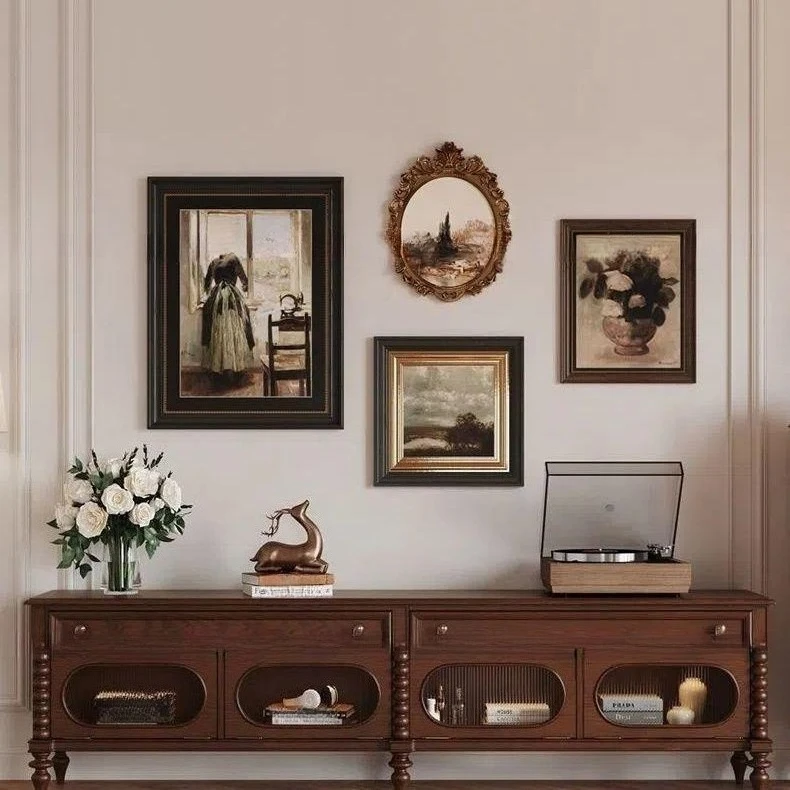 Storage locker Solid wood TV cabinet Black small apartment French retro living room Chinese antique hall cabinet