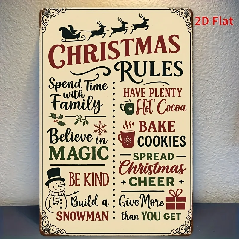 Vintage Christmas Measuring Ruler Metal Sign Wall Decor 8x12 Inch - Santa Sleigh & Reindeer Design, Rustic Country Style Holiday
