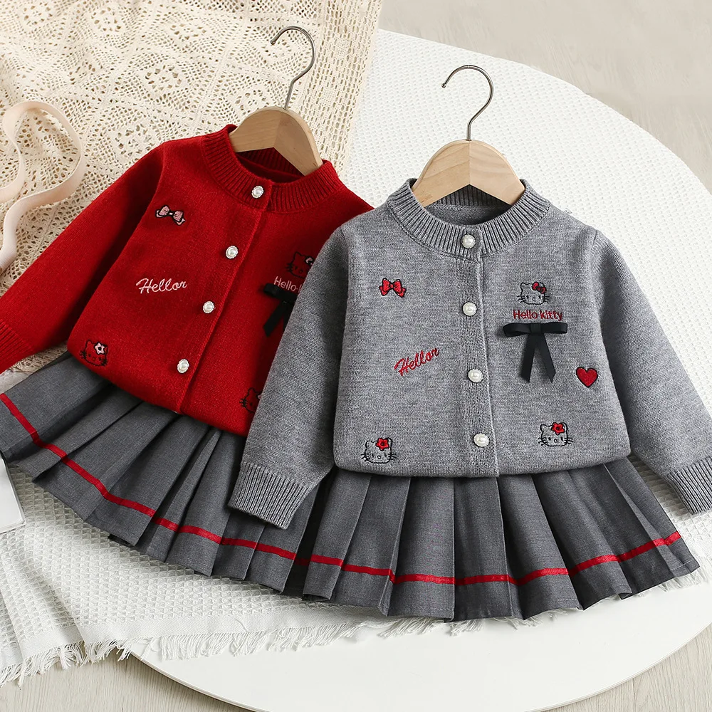 

Baby Girls Sweater Set 2025 Autumn Winter Kids Sanrio Hello Kitty Embroidered Knitted Cardigan Pleated Skirt 2pcs Children Dress