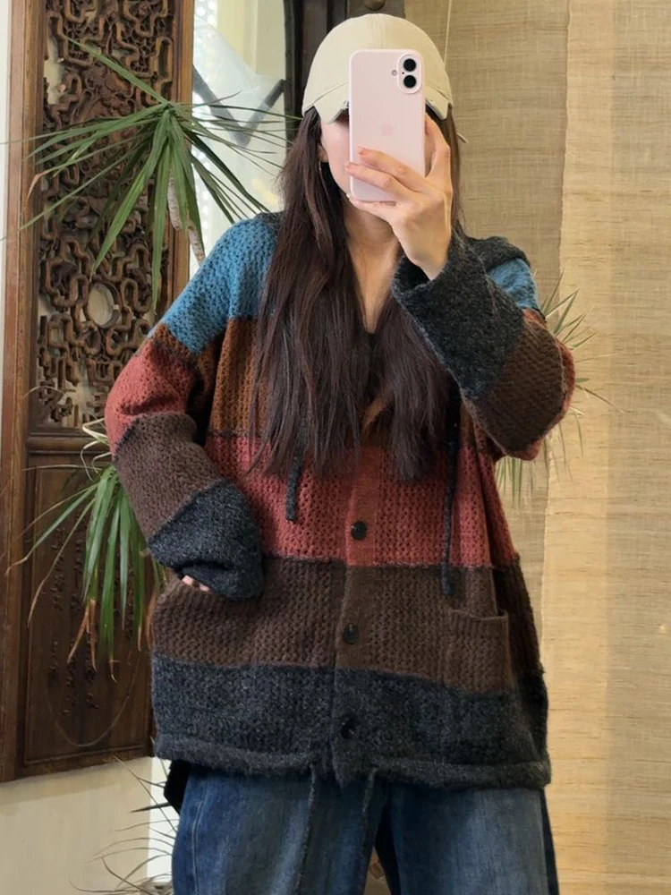 Amax LuluE Koean-cárdigans de moda de invierno para mujer, suéteres de punto holgados clásicos, prendas de punto informales con capucha de gran tamaño