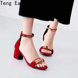 High-heeled Women's Sandals 2024 Summer Wild High-heeled Shoes with A Word Buckle Small Size Roman Sandals 34-43