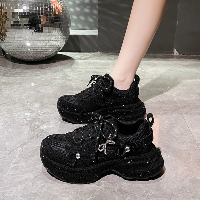 

Женская обувь с блестящими стразами, сезонные повседневные кроссовки, женская стильная спортивная обувь, роскошная обувь на платформе со шнуровкой, zapatos mujer