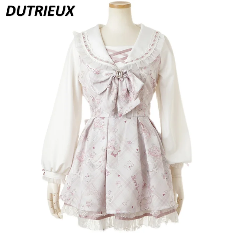 Spring Summer New Japanese Style Sweet Long Sleeve Slimming Short Dress Rojita Kawaii Cute Girls Bow Cartoon Print Dresses