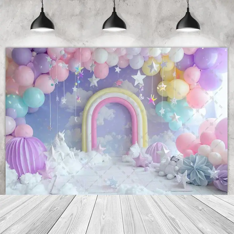 Unicorn Backdrops Children Kids Photography Cake Smash Rainbow Arch Balloons Stars Sky Background Photo Shoot Studio