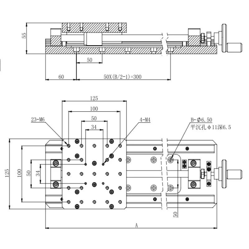 LSSP-FG-400 Customizable OEM Manual Linear Translation Stages Square Guide Rail Platform Size 125x125mm Travel Range 400mm