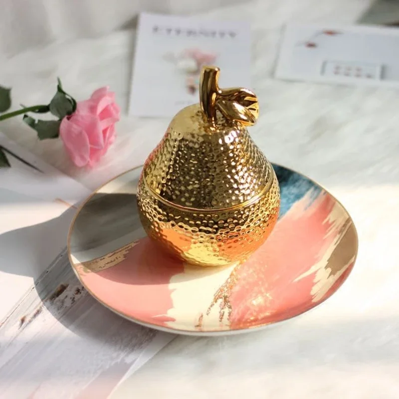 

Golden Pear Storage Box Foyer Creative Ornament European-style Decor Key Storage Bowl Vintage Ceramic Jewelry Box