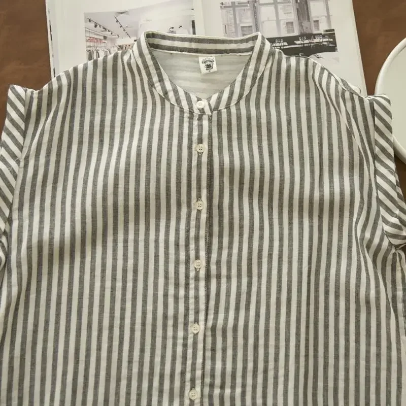

Women Casual Gray White Striped Blouse Stand Collar Sleeveless Button Down Cotton Linen Shirt Loose Fit Top