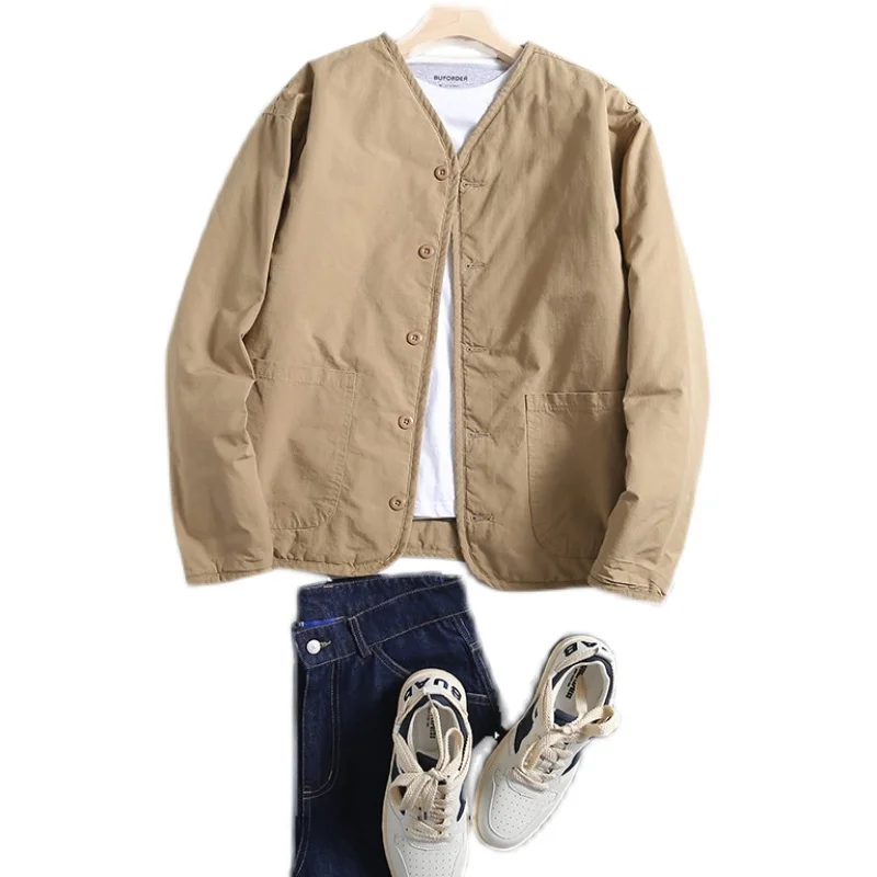 Loose Fit Cotton Jacket Vintage Unlined Men's New Autumn Winter Youth Casual CleanFit Button up Pure Color Long Sleeve Coat