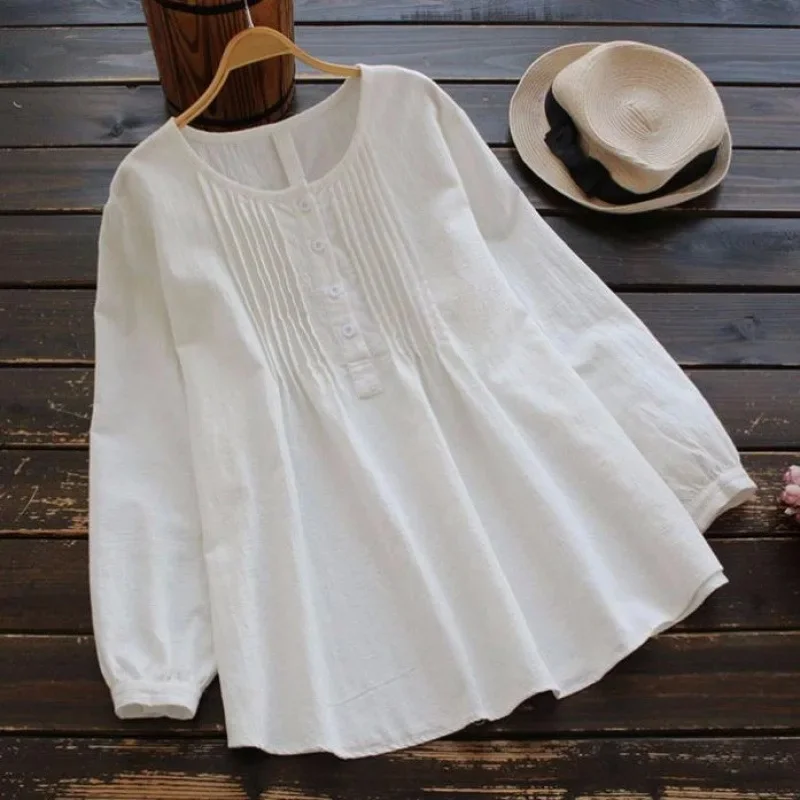 

2026 Loose Cotton Linen Long Sleeve Women's Shirt round Neck plus Size Female Top Elegant Simple Style Chinese Brand Clothing