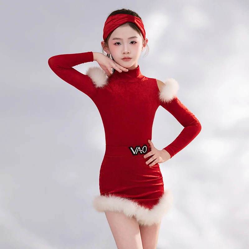 

2025 детский костюм для латинских танцев для девочек, красные плюшевые топы с высоким воротом, юбки с разрезом, костюмы для латинских танцев чача-румба XH3827