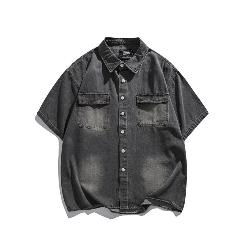 

MAQVOB Excellent Quality EU US Size Retro Washed Denim Short Sleeve Shirt for Men and Women