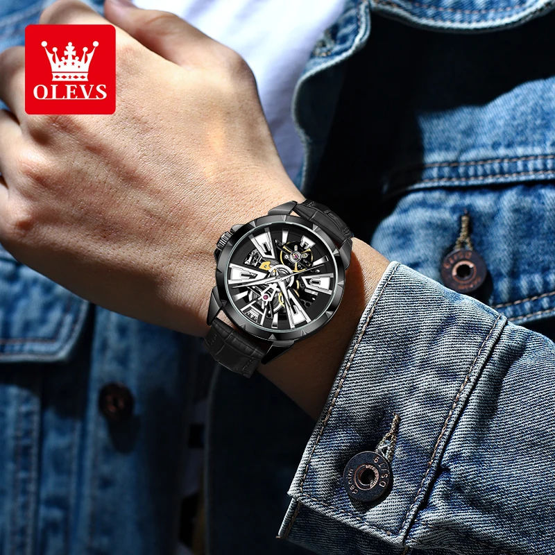 ساعة OLEVS 7051 للرجال ساعة ميكانيكية أوتوماتيكية مجوفة للرجال بحزام جلدي موضة أصلية مقاومة للماء ساعات يد مضيئة