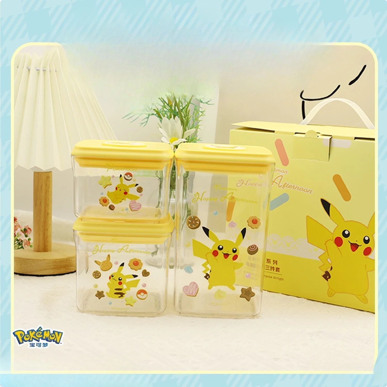 

attractive and convenient Pikachu three-piece storage set household and kitchen storage jars with the yellow anime cat design