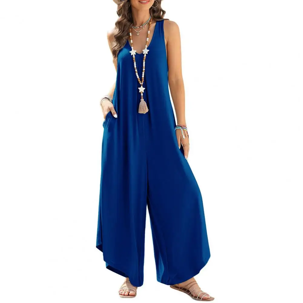 

Elegant Women Summer Jumpsuit Loose Sleeveless Solid Color Wide Leg V Neck Pockets Deep Crotch Irregular Hem Long Jumpsuit