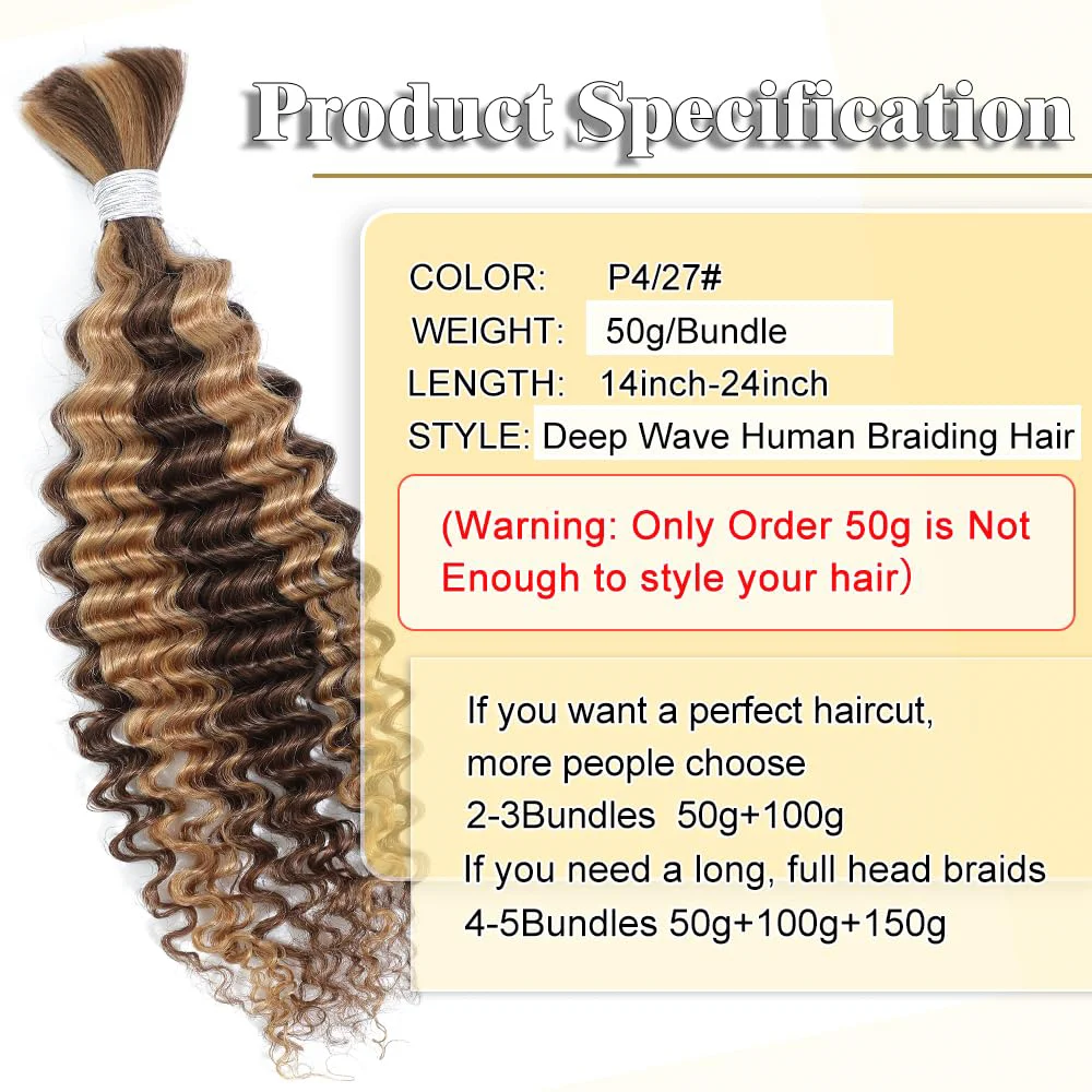 P4/27 Highlight Human Braiding Hair Bulk For Boho Braids Deep Wave Curly Human Hair Micro Crochet Braiding 50g 1 Blunde 22 Inch