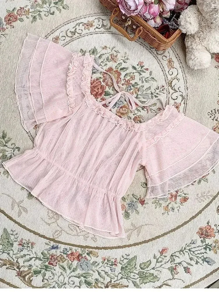 قمصان حلوة ملابس نسائية 2025 Camisas De Mujer بلوزة بأكمام منتفخة ورقبة مائلة قطع علوية قصيرة مكشكشة بلوزات صيفية بيضاء لطيفة #5