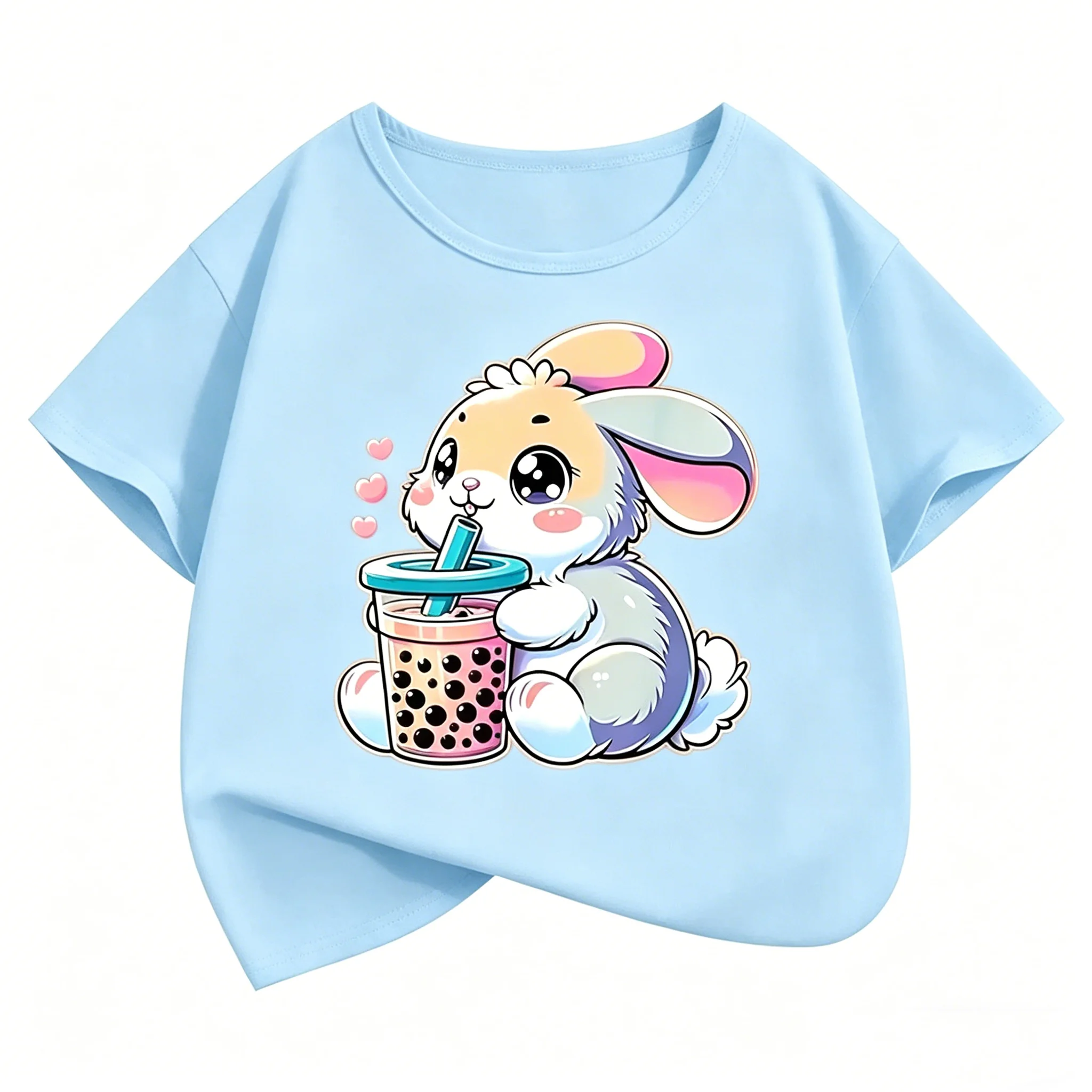 Cute Rabbit Graphic Kids Tshirts Summer Short Sleeve Tees Cartoon Animal Boys Girls Clothes Kawaii Tops Y2K Children T-shirt