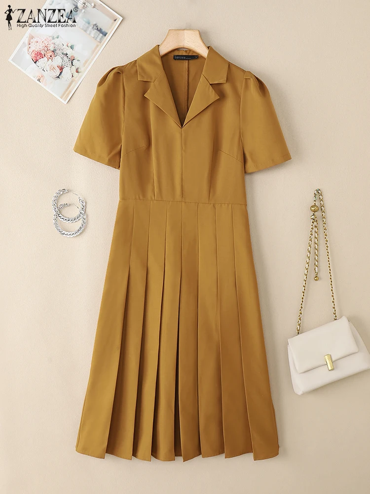 فساتين ZANZEA مقاس كبير أنيقة على شكل حرف a للسيدات موضة رقبة على شكل طية صدر السترة وخصر عالٍ ميدي مطوي فيستدوس بأكمام منتفخة