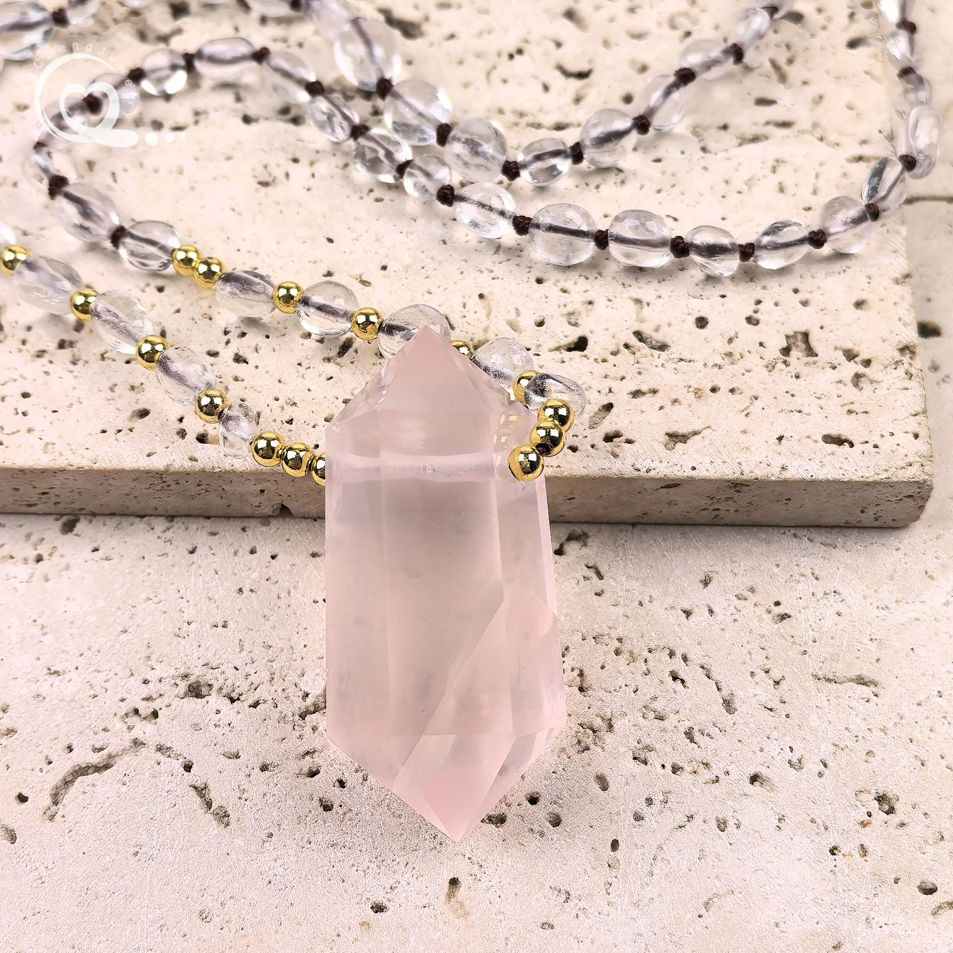 شقرا كريستال الكتلة الخرز اليوغا مالا الصلاة القلائد روز كوارتز نقطة مزدوجة قلادة معقود اليدوية النساء المجوهرات ، QC0211 #4