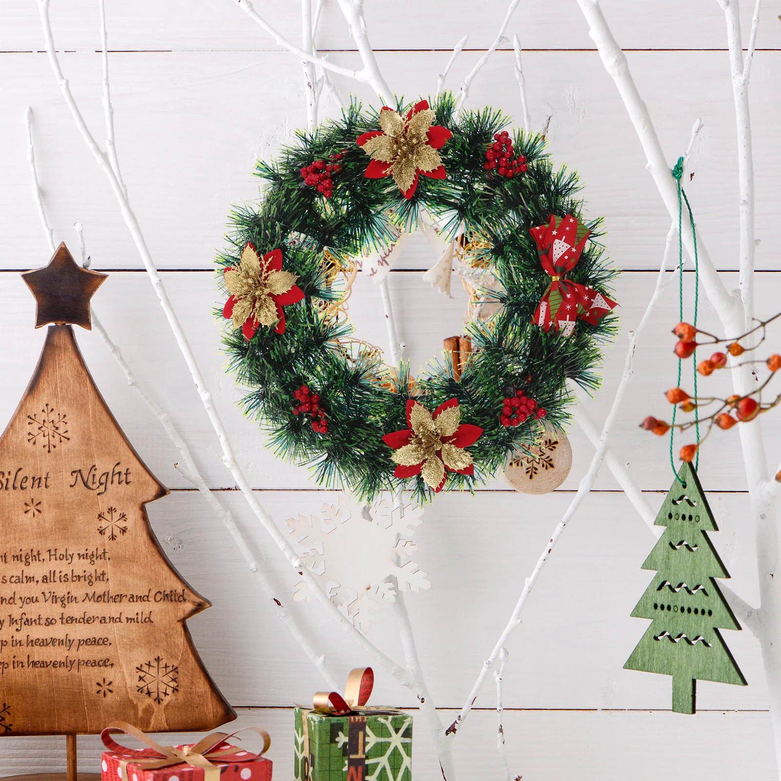 

Christmas Wreath Artificial Poinsettia Red Berry Bowknot Front Door Fireplace Window Porch Decoration Decorative Door Wreath