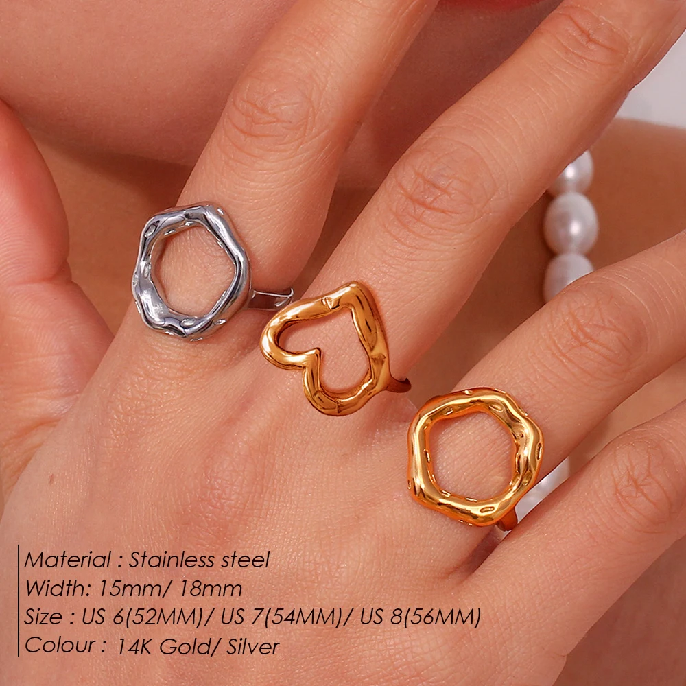 eManco Openwork Heart Ring 316 Stainless Steel Geometric Round Ring Punk Style Women's Jewelry