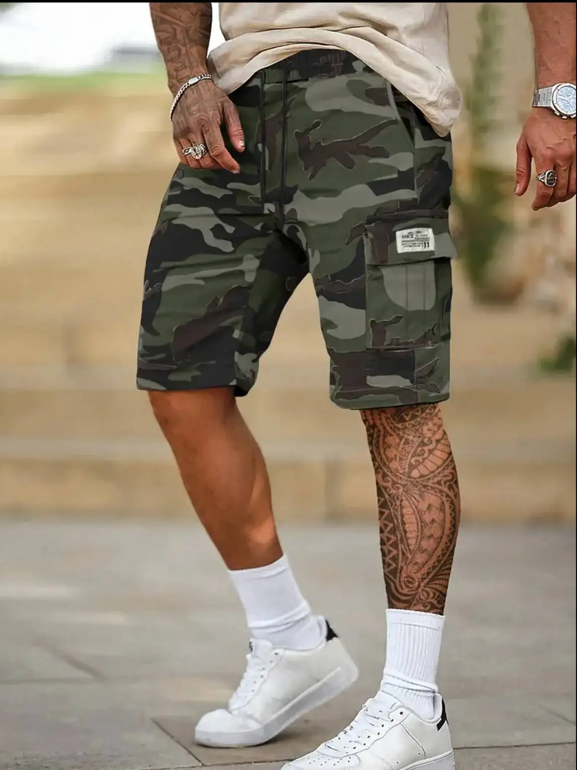 Men's camouflage green work shorts, summer outdoor multi-pocket shorts