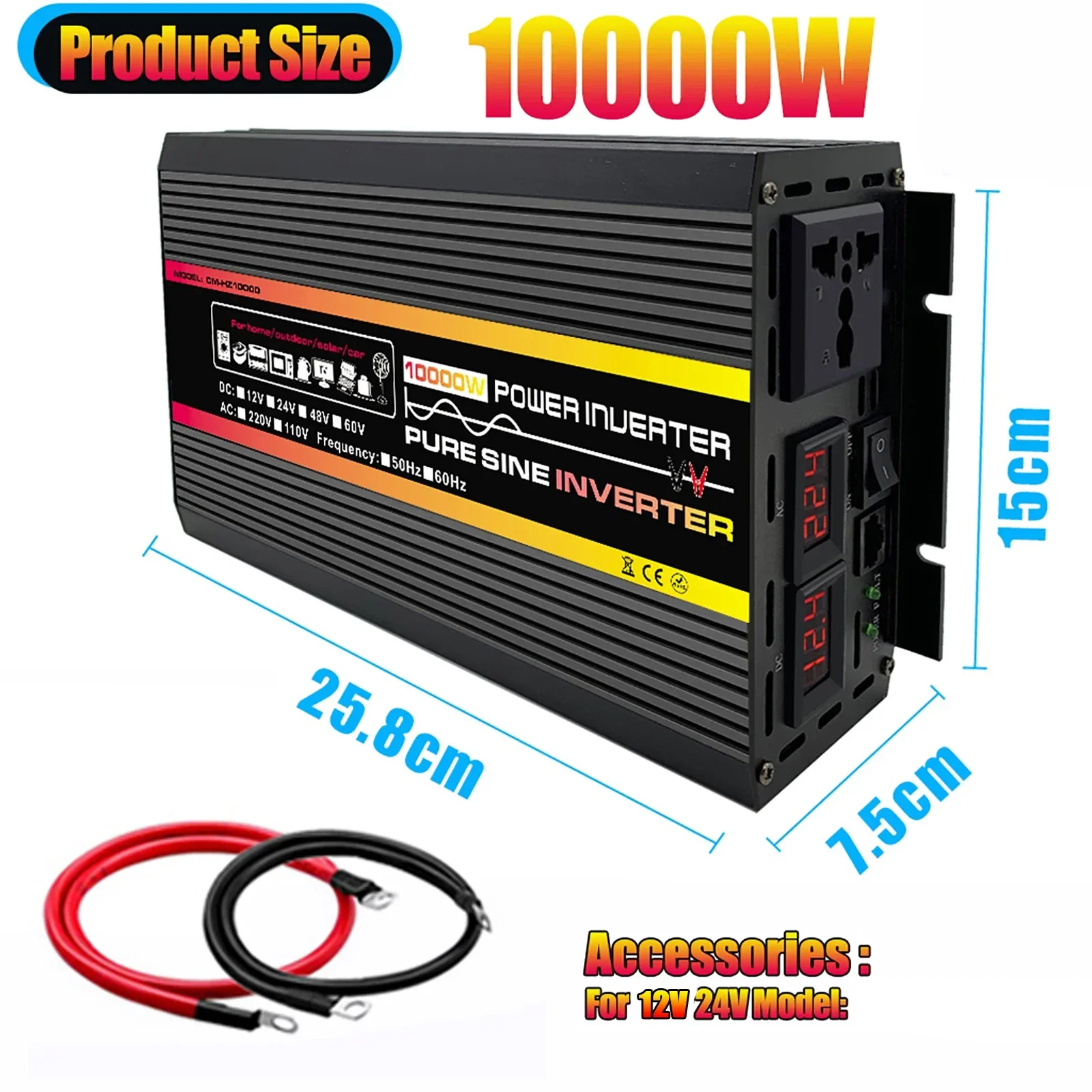 10000W Pure Sine Wave Power Inverter DC 12V 24V To AC 220V Inverter for Solar System Home Outdoor Car TV Fan