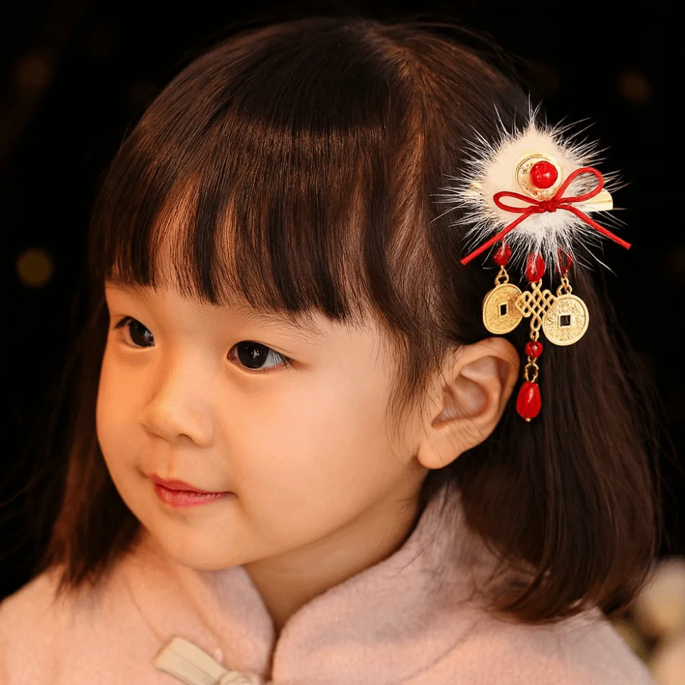

Hanfu Headwear Children's New Year Hairpin Cute Sweet Chinese Style Red Barrettes Tassel Ball Ancient Style Hair Clip Winter