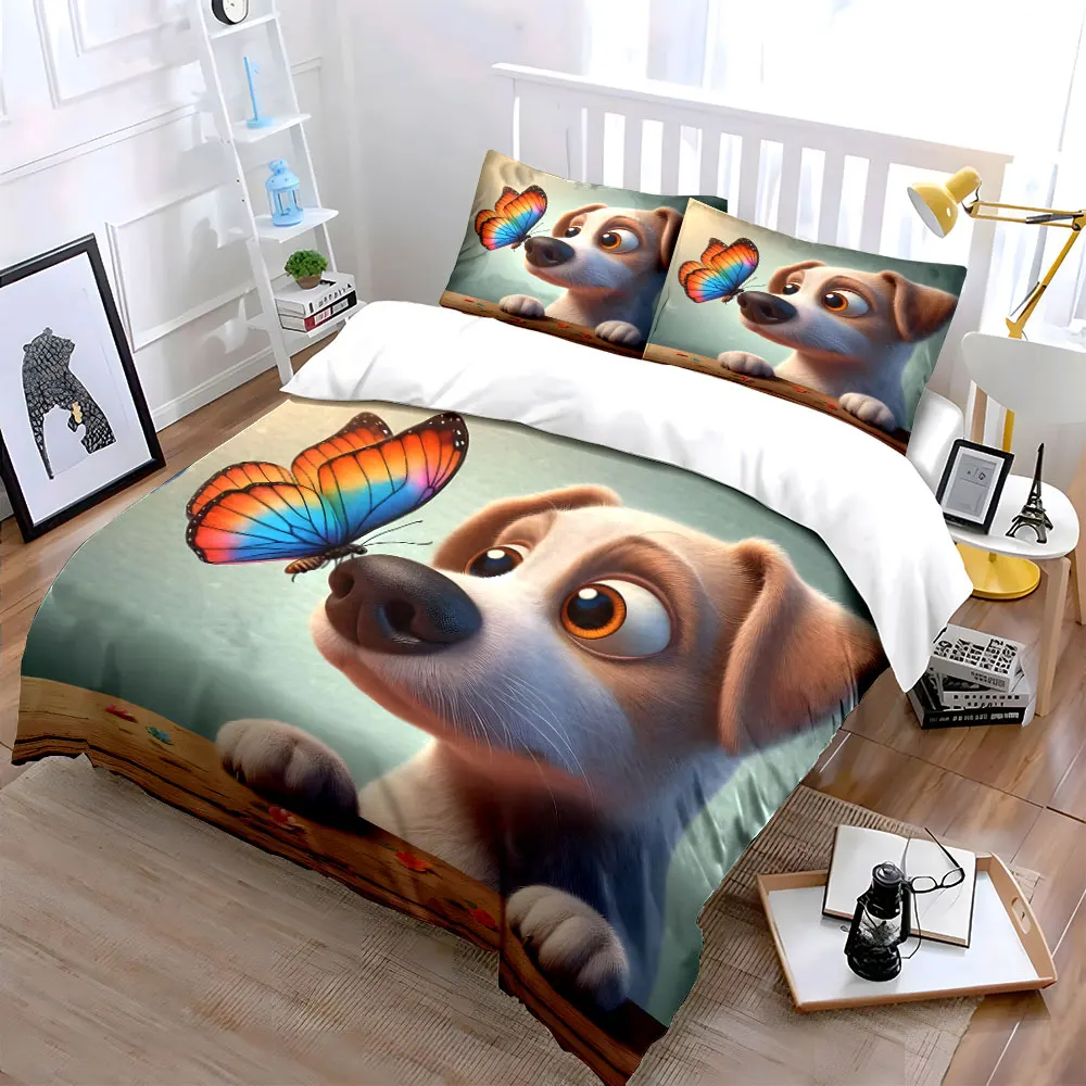Colorful butterfly on dog's nose Print Bedding Set 1 Duvet Cover 2 Pillowcases for Adult and Children Luxury Gift Full Size