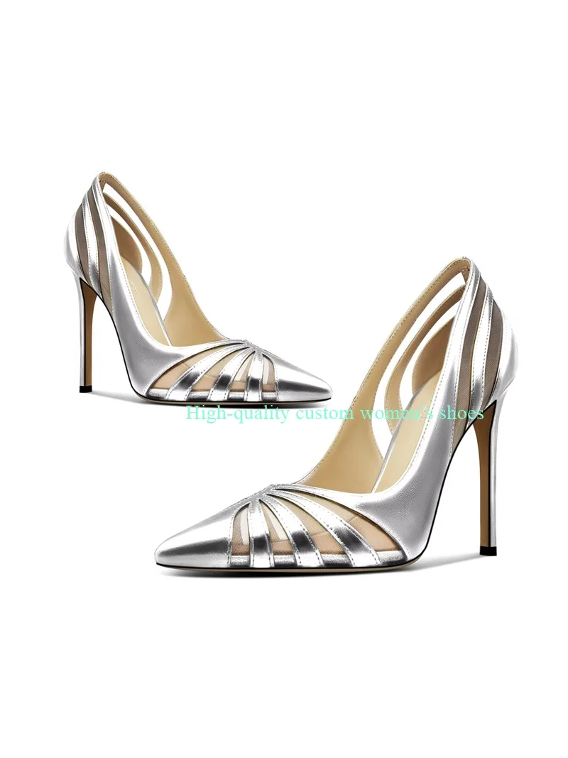 

Pointed Toe Black And Mesh Fabric Color-Block Style Sexy High Heel Stiletto Heels Asakuchi Breathable Banquet Shoes Luxury Flats