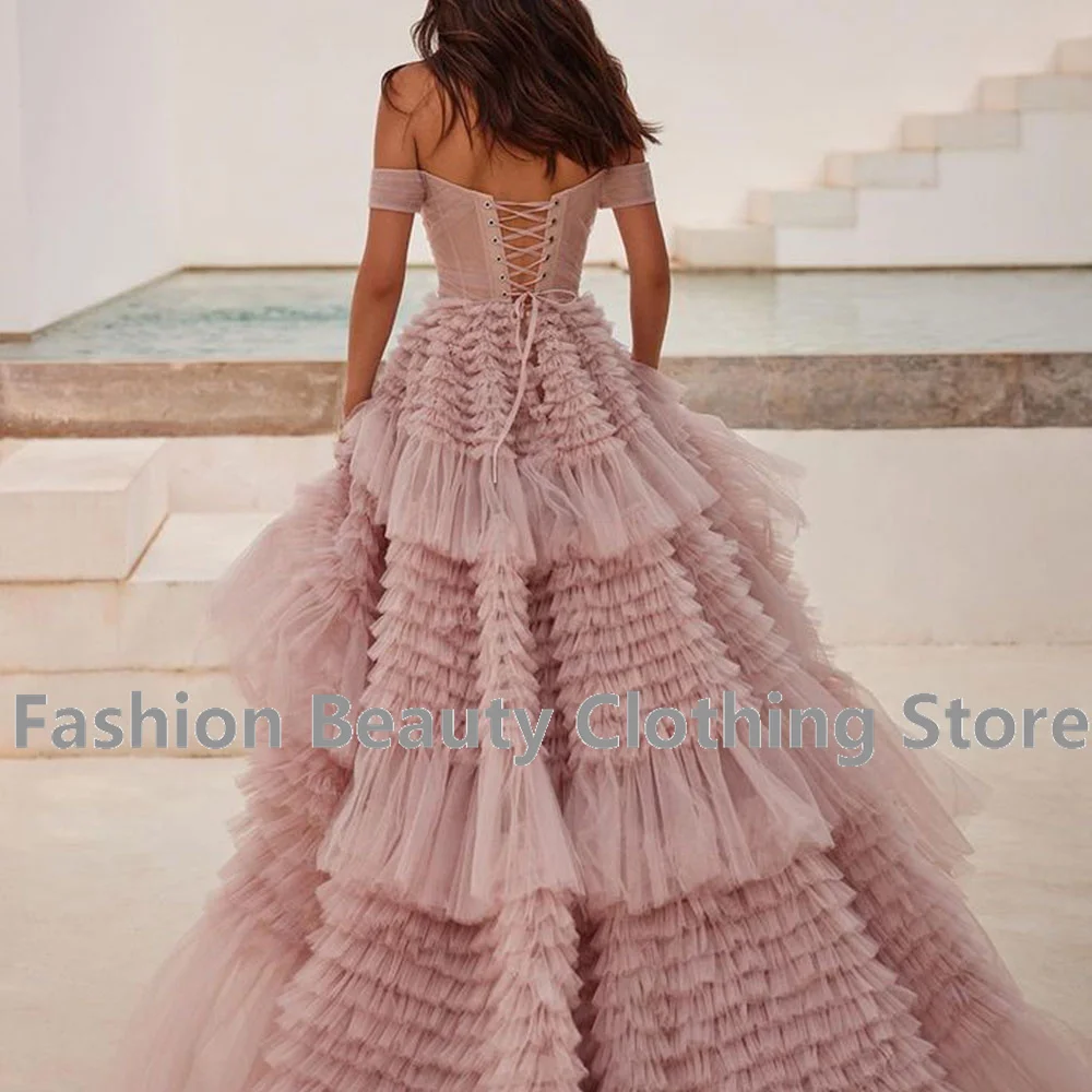 Saudi Arabia Prom Gown Off The Shoulder Tulle Back Lace-up Tiered Ruffle Evening Dress A-Line High Split Formal Occasion Dresses