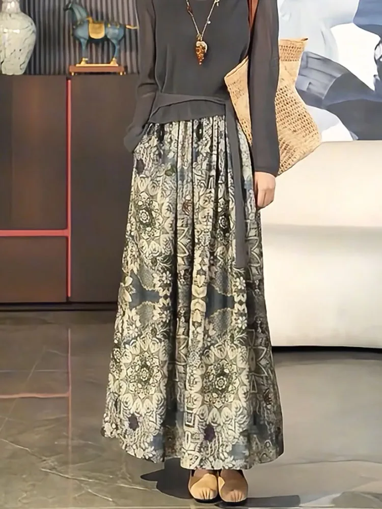 

Ретро-юбка макси с этническим принтом и высокой талией, свободного кроя, осенняя новинка, стройнящая А-образная юбка