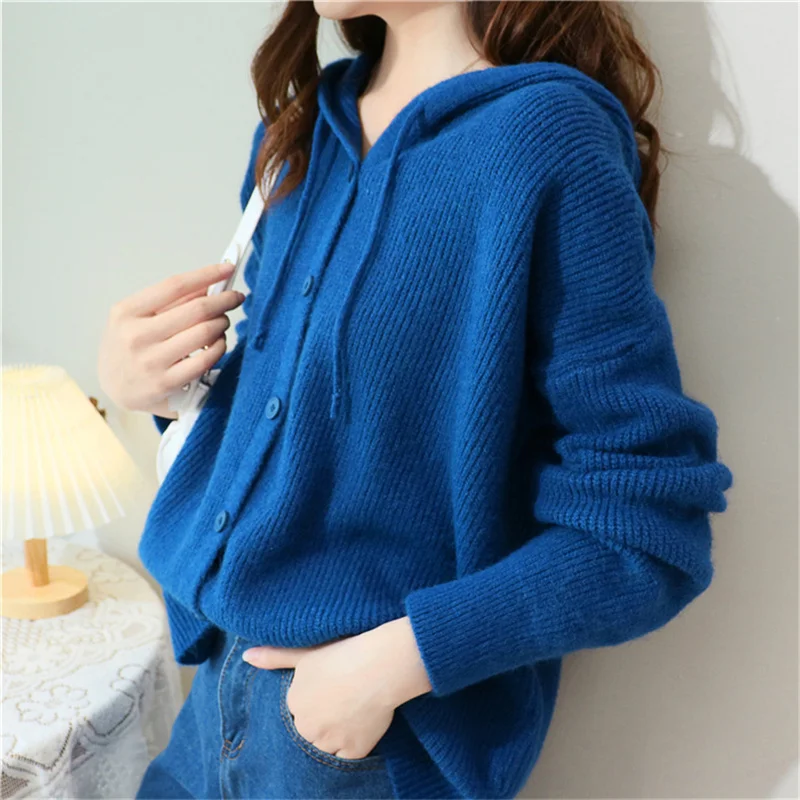 

Knitted Cardigan Jacket Women Autumn Winter Hooded Sweaters Coat Long Sleeves Solid Single-Breasted Loose Tops Lady Outerwear