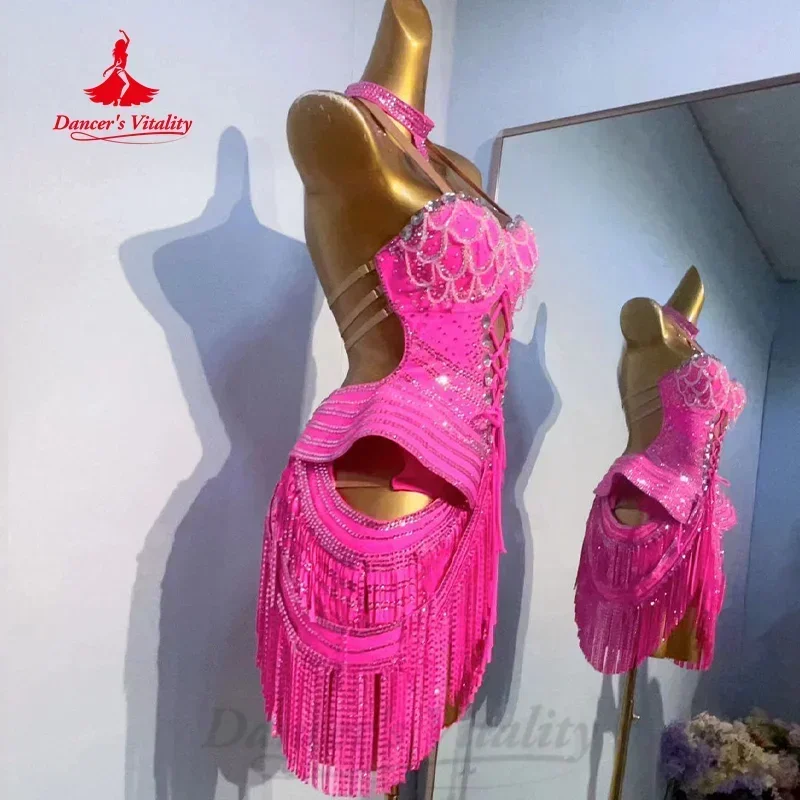 Vestido de baile latino personalizado para mujer, traje de actuación profesional, diamantes de imitación de lujo, Sexy, sin espalda, borla, Tango, Samba, Rumba