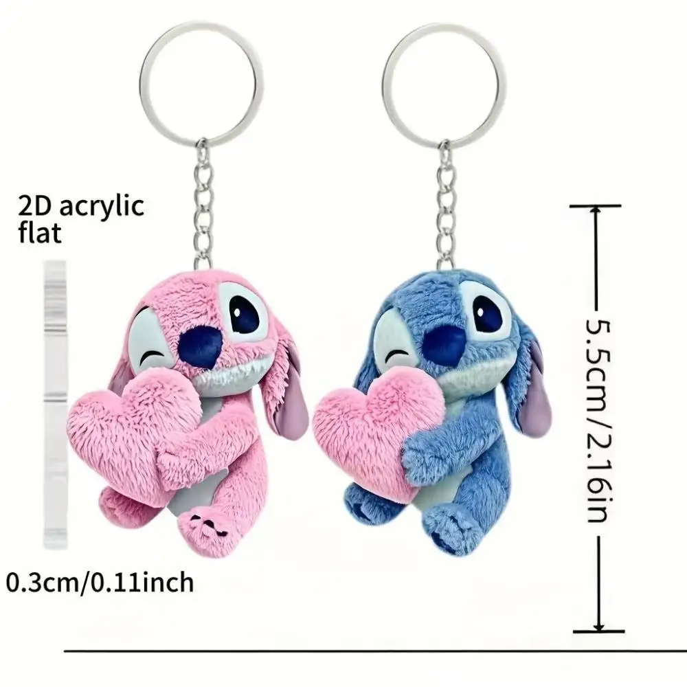 Nouveau porte-clés en acrylique 2D Stitch avec breloque cœur - Adorable Stitch bleu tenant un cœur rose, anneau et chaîne en fer durables