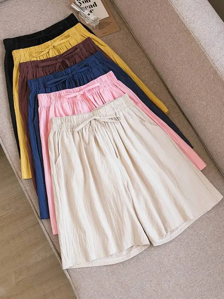 

Women Summer Casual Solid Cotton Linen High Waist Loose For Girls Soft Cool Female Shorts M XL