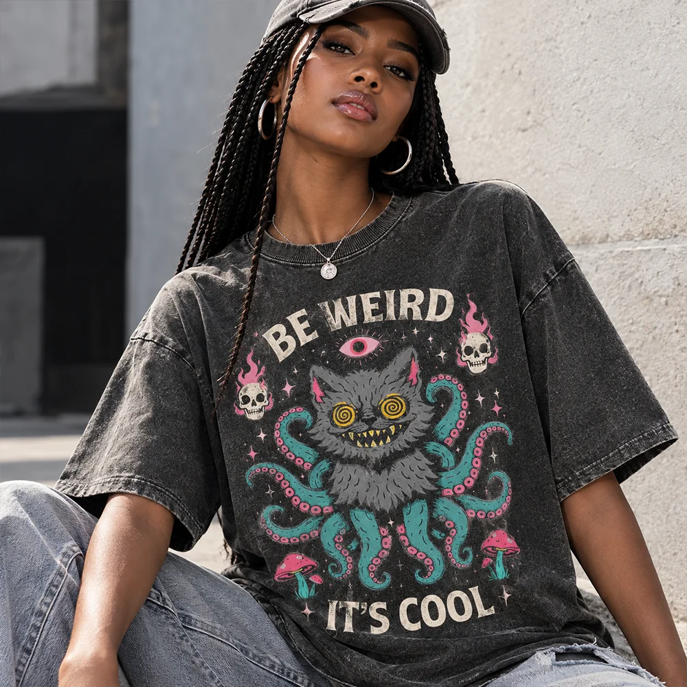 Women Vintage Washed Graphic T-Shirt Be Weird Its Cool Octopus Cat Print Short Sleeve Loose Casual Aesthetic Grunge Tee Tops