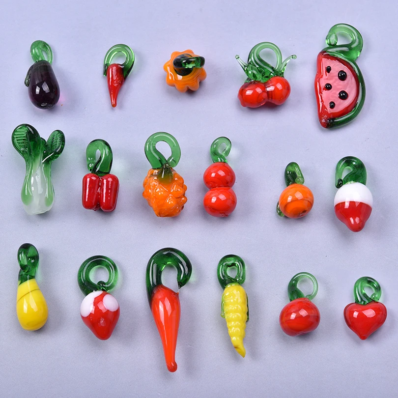 15pcs Mixed Glass Pepper Cherry Cabbage Pendants For Jewelry Making Supplies Red Apple Fruit Charm Pendant DIY Keychain Material