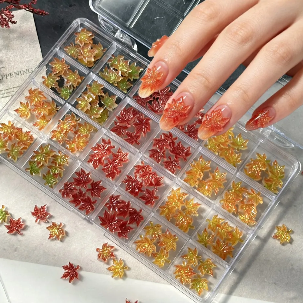 24Grids 3D Autumn Maple Leaf Nail Charms Red Yellow Maple-Leaf  NailsDecorations for Fall Thanksgiving DIY Manicure Accessories
