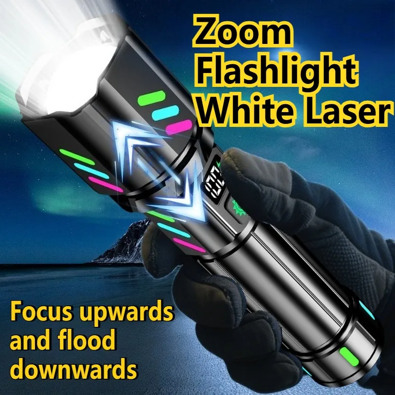 High Power LED Long Range Flashlight USB Rechargeable White Laser Zoomable Torch Light with Luminous Strips for Outdoor Camping