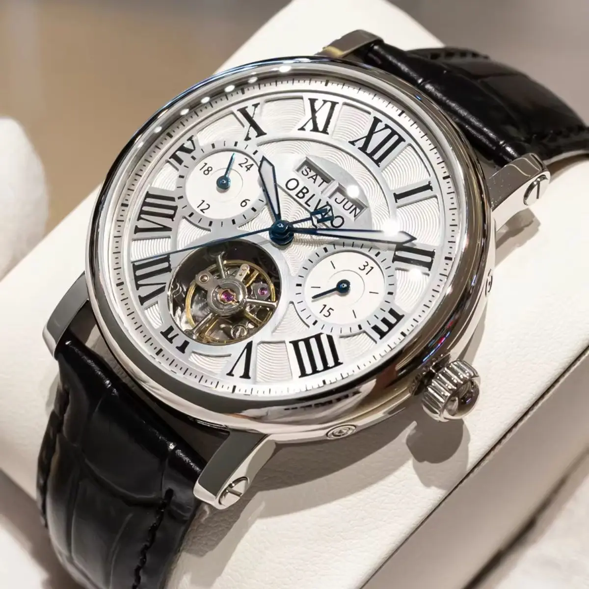 OBLVLO Men Automatic Watch 42mm Mechanical Wristwatch Luminous Sapphire Mirror Multi-Dial Month,Week,Date,24 Hours