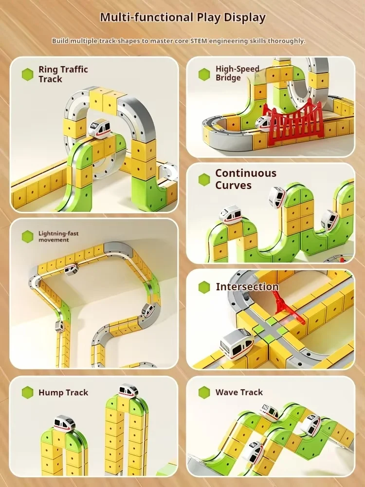 Zabawka kolejka magnetyczna z możliwością zmiany układu torów, szybka, dla chłopców i dziewczynek, edukacyjna, do samodzielnego montażu, pojazd na torach, prezent (bez zdalnego sterowania).
