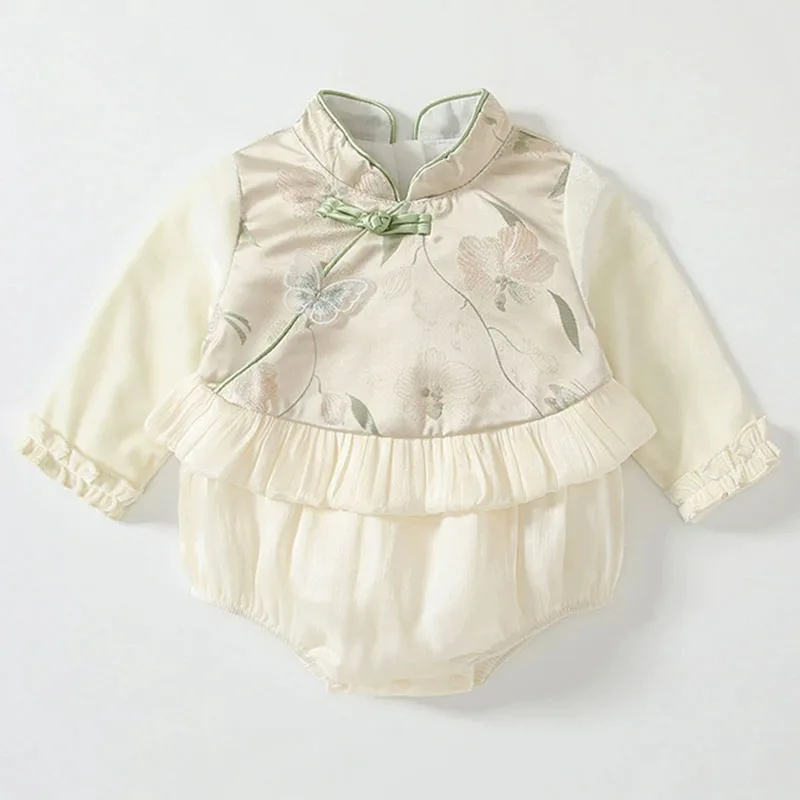 Spring Infant Girl Clothes Chinese Style Cute Butterfly Flowers Long Sleeve Baby Bodysuits And One-Pieces Newborn Items B387