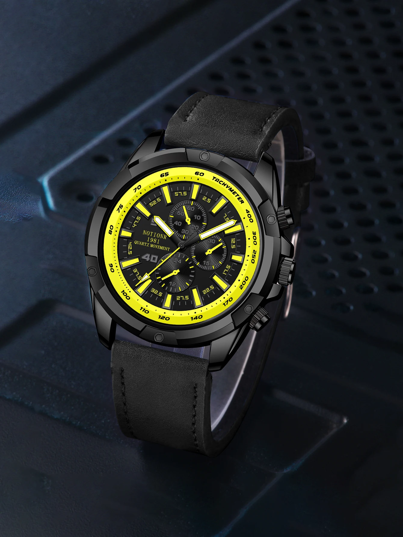NOTIONR Men\'s All Carbon Black Strap Watch Men\'s Fake Three Eye Stainless Steel Watch Sports Waterproof Watch Reloj Hombre