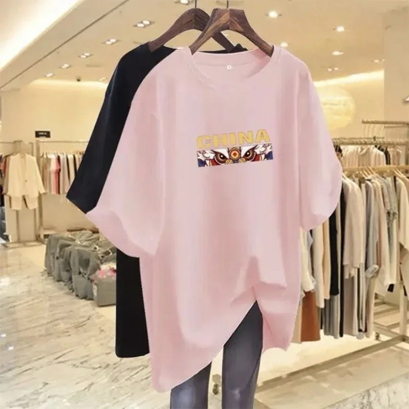 Frauen chinesischen Stil lose Pullover Sommer Brief Cartoon gedruckt reine Kurzarm T-Shirt Dame M-6XL Rundhals ausschnitt Basics Tops