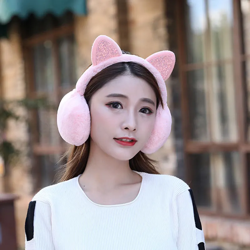 1PCS Women Winter Warm Earmuffs Glitter Sequin Faux Fur 3D Cat Ears Headband Unisex Cute Foldable Fluffy Soft Earflaps 2023 NEW