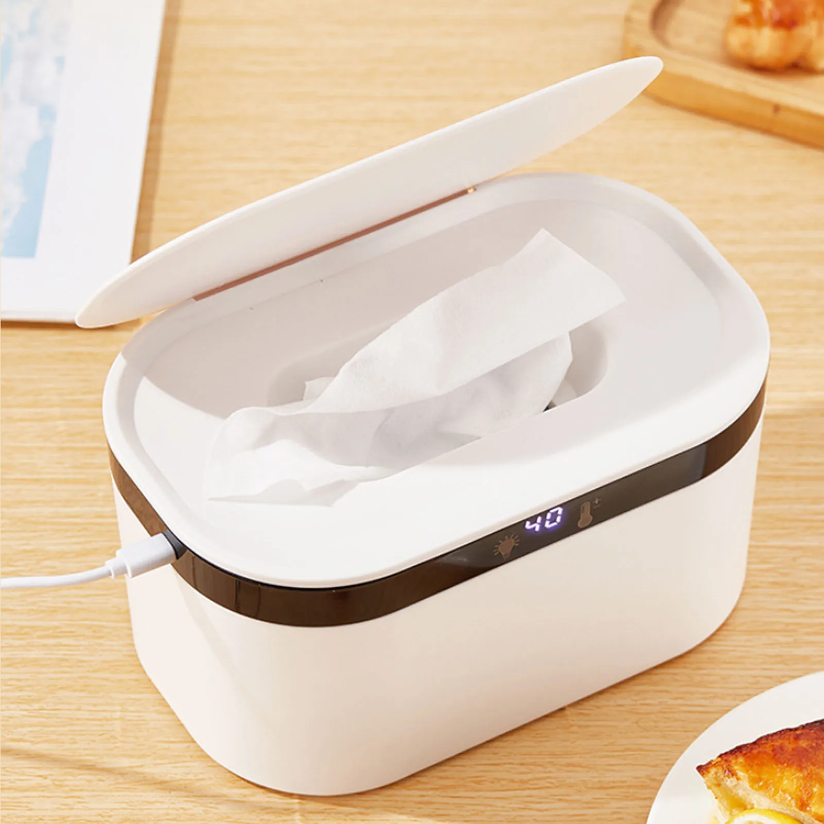 Baby Wipe Warmer Constant Temperature USB Powered Wet Wipes Heater Dispenser with Night Light White